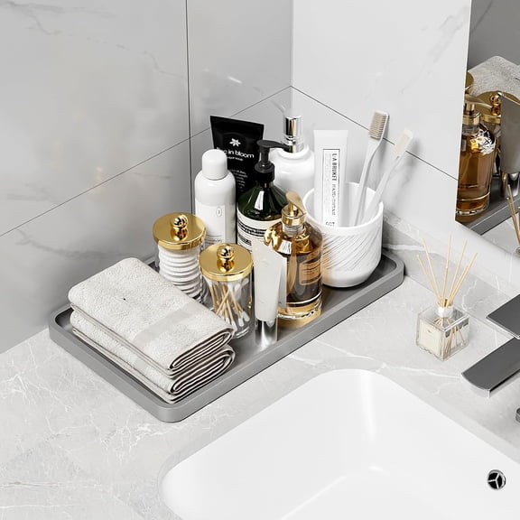 GVDCC-Bathroom Vanity Tray for Countertop Decor Perfume Makeup Toiletries Toilet Tank, Large Bamboo Kitchen Tray for Spice Salt, Serving Tray for Food Coffee, Nightstand Candle Silver 14.2x8.3