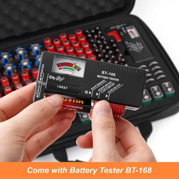 GVDCC-Battery Organizer, Battery Organizer Storage Case with Tester BT-168, Waterproof Battery Holder Box Holds, Battery Case Organizer 60+ AA AAA C D 9V Batteries (Batteries are Not Included)