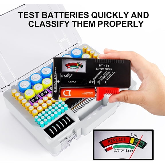 GVDCC-Battery Organizer Storage Holder Box Case with Tester, Ultra-Large 262+ Batteries Container with Double-Sided, Holds AA AAA 4A 23A C D Cell 9V 3V Lithium 4LR44 CR3 CR123A 18650 (Gray)