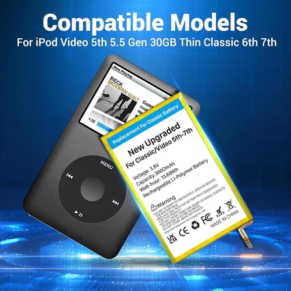 GVDCC-Battery Replacement for iPod Classic/Video, (2026 New Upgrade) 3600mAh Ultra High Capacity Lithium Polymer Battery Compatible with iPod Classic/Video 5th-7th