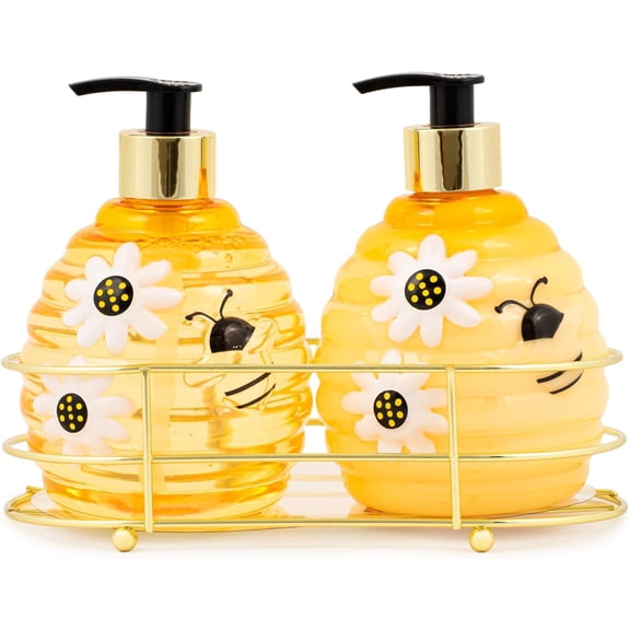 GVDCC-Beehive Honey Lemon Hand Soap Dispenser Set 2 Pack with Decorative Caddy, 16.9 oz Refillable Bee-Shaped Soap Pumps, BPA Free, Good Housekeeping Approved