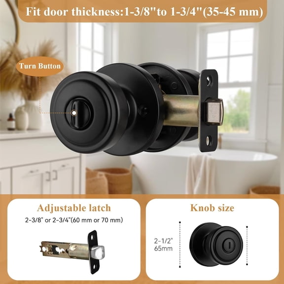GVDCC-Black Door Knobs with Turn Lock for Privacy Bath & Bedroom, Heavy Duty Round Interior Door Knobs with Release Lock Hole