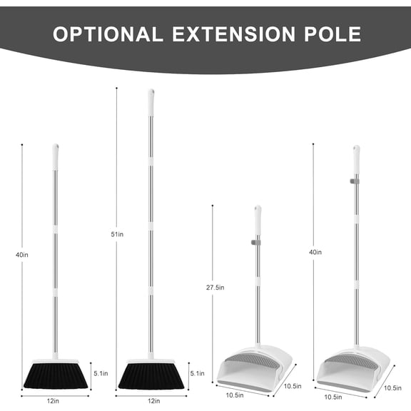 GVDCC-Broom and Dustpan Set for Home, 52" Long Handle Standing Broom Set with Dustpan Self-Cleaning Teeth for Hair Removal Heavy Duty Indoor Outdoor Sweeping Kit for Kitchen Garage (White)