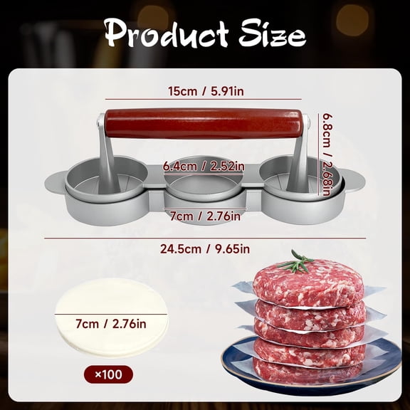 GVDCC-Burger Press Patty Maker Set with 100 Non-Stick Papers - 3x2.5 Inch Mold for Making Three Mini Patties at Once - Perfect for Sliders, BBQ, Picnic, Camping - Easy to Use & Clean