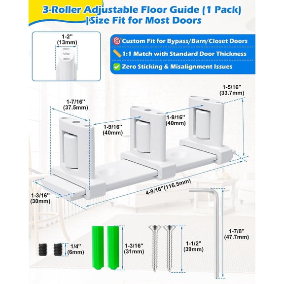 GVDCC-Bypass Door Guide, White Sliding Closet Door Floor Guide, Adjustable 3-Roller Bottom Mount for Double Barn Door, Bypass Barn Door Rollers Upgrade Kit (1 Pack)