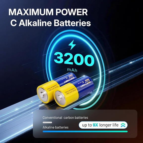 GVDCC-C Alkaline Batteries,12 Pack - Ultimate Reliability, 9X Longer Life Than Carbon Batteries, Leakproof Design, 5-Year Shelf Life, Date Coded