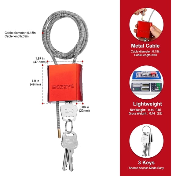 GVDCC-Cable Lock with 3 Keys | L 3.28ft(1m),D 1/6in(4mm) Adjustable Steel Cable Padlock | Aluminum Locks for Bikes, Gate, Lockers & Outdoor Gear | Weatherproof & Red