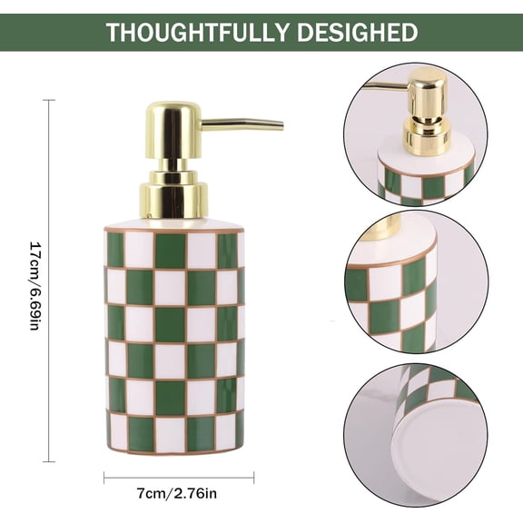 GVDCC-Checkered Bathroom Soap Dispenser,Gold Pump Ceramic Soap Dispenser,Kitchen Checkerboard Empty Pump Bottle,Bath Countertop Storage Organizer,Checkered Bathroom Decor (Green)