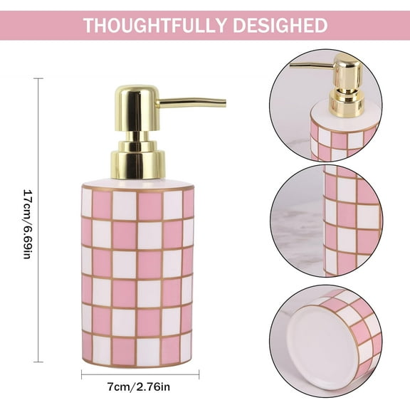 GVDCC-Checkered Bathroom Soap Dispenser,Gold Pump Ceramic Soap Dispenser,Kitchen Checkerboard Empty Pump Bottle,Bath Countertop Storage Organizer,Checkered Bathroom Decor (Pink)