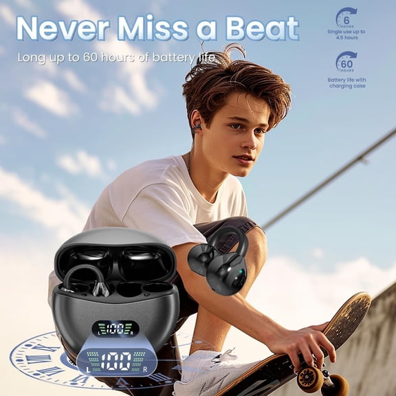 GVDCC -Clip on Earbuds Open Ear Wireless Bluetooth 5.4 Headphones with Mic,60H Play,Noise Cancelling,Waterproof,Sports Ear Buds,Comfortable for Small Ears & Glasses Wearers,Workouts (Black)