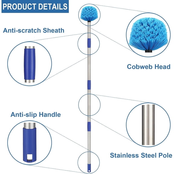 GVDCC-Cobweb Duster with Pole, 6ft Stainless Steel Pole Cobweb Brush with Medium-Stiff Bristles for Walls Beams Shelves Iight Fixtures and Window Screens