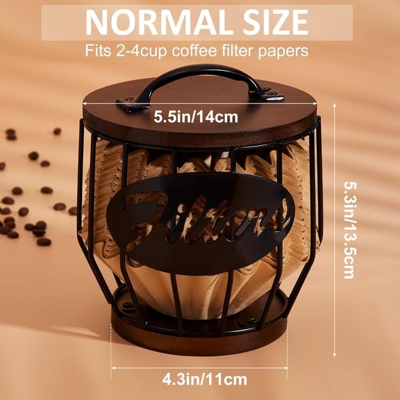 GVDCC -Coffee Filter Holder with Wood Lid,Wood and Metal Coffee Filter Storage Container Basket for Coffee Filters 2-4 Cup,Round Coffee Filter Holder Case for Counter,Coffee Bar Accessories decor