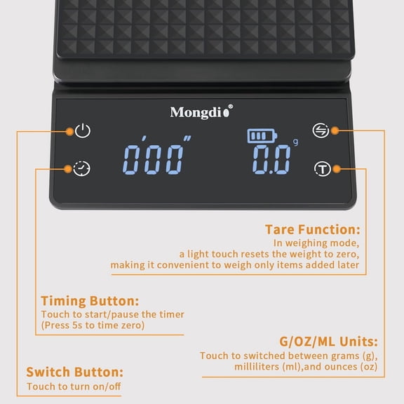 GVDCC-Coffee Scale with Timer, 3kg/0.1g High Precision Kitchen Scales with Tare Function, Touch Sensor and LED Display, Digital Scale for Pour Over, Espresso