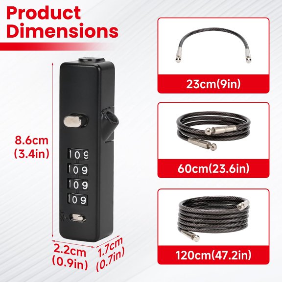 GVDCC-Combination Cable Lock - 3 Retractable Locks (11.8", 23.6", 47.2") for Bicycle, Ski, Fence, Cabinet, Door - 4-Digit Security Code - Durable & Adjustable - Black (1 Pack)