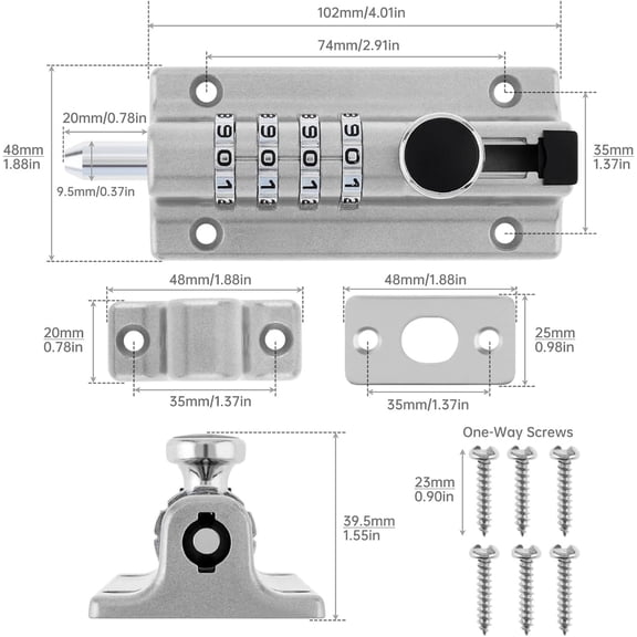 GVDCC-Combination Locking Bolt, 4 Digit Combination Door Security Slide Latch Lock Heavy Duty Zinc Alloy Slide Bolt Lock for Shed Gate Fences (1, Silver)
