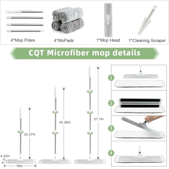 GVDCC-Commercial Flat Microfiber Floor Mop Cleaning System 18" Inch Wet Dry and Dust Hardwood with 4 Washable Pads Cleaner for Laminate Tile Stainless Steel Handle and Extension (PT12-WET)