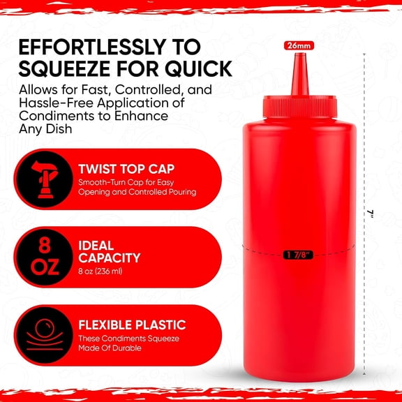 GVDCC-Condiments Squeeze Bottles Dispenser, Red/Yellow, Ketchup, Mustard, Kitchen Craft BBQ Picnic BPA Free (R/Y, 8 oz.)