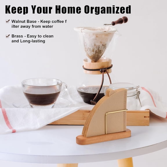GVDCC -Cone Coffee Filter Holder, Stand Coffee Filter Storage, Coffee Filter Container for V60 Paper Coffee Filters Size #01 and #02, Cherry Wood & Brass