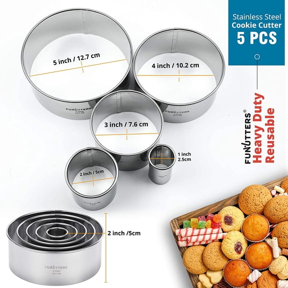 GVDCC-Cookie Cutter Set, 5 Pc. Kit, Measuring 1'', 2'', 3'', 4'' and 5'', Round Metal Baking Rings for Pastry, Biscuits, and Dough Cutting, Heavy Duty and Reusable, Multiple Sizes