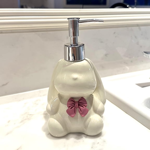 GVDCC-Cute Rabbit Ceramics Countertop Soap Dispenser, 11oz/320ml Elegant Long Eared Rabbit Design Hand Dish Lotion Dispenser for Kitchen, Bathroom and Bedroom (White)
