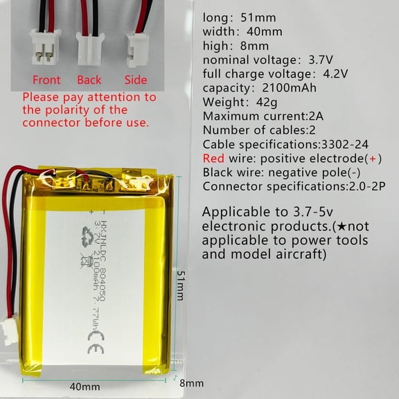 GVDCC-DC 3.7V 2100mAh 804050 li-ion Lithium Ion Polymer Battery Replacement for DIY 3.7-5V Electronic Products with Built-in 2-Wire Battery Replacement, Mobile Energy Storage Power Supply