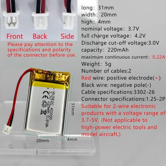 GVDCC-DC 3.7V 220mah 402030 Rechargeable Lithium Polymer Replacement Battery for DIY 3.7-5V Electronic Products with Built-in 2-Wire Battery Replacement, Bluetooth Headset, Watch