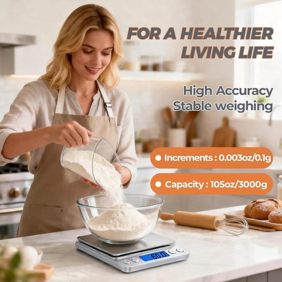 GVDCC-Digital Food Kitchen Scale, 105oz/0.01oz High Accuracy Mini Digital Scale for Cooking, Baking & Meal Prep, Measures in oz, Tare Function, 2 Trays, LCD Display