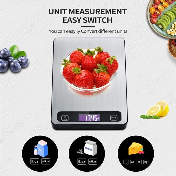 GVDCC-Digital Kitchen Food Scale for Baking,Weight Loss,Grams and Ounces OZ Lb ML,5 Units,1g to 33lb, Stainless Steel with LCD Display,Silver Black (Include AAA Battery)