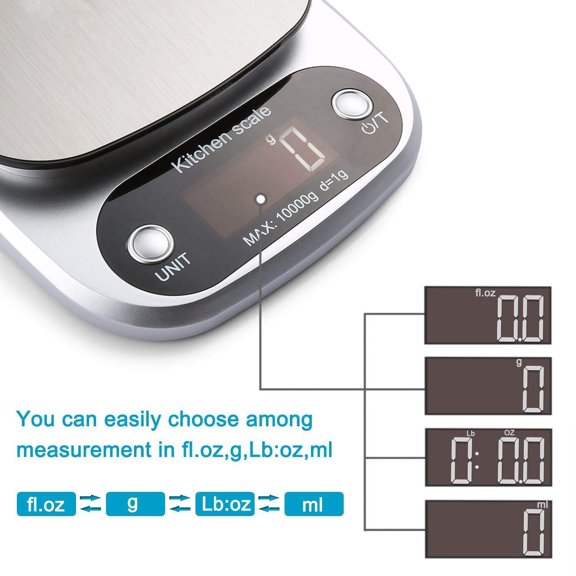 GVDCC-Digital Kitchen Scale 22lb/10kg, High Precision Food Scale for Cooking Baking Candle Making, Stainless Steel & Glass Platform with Tare Function, Multiple Units g kg oz lb fl oz mL