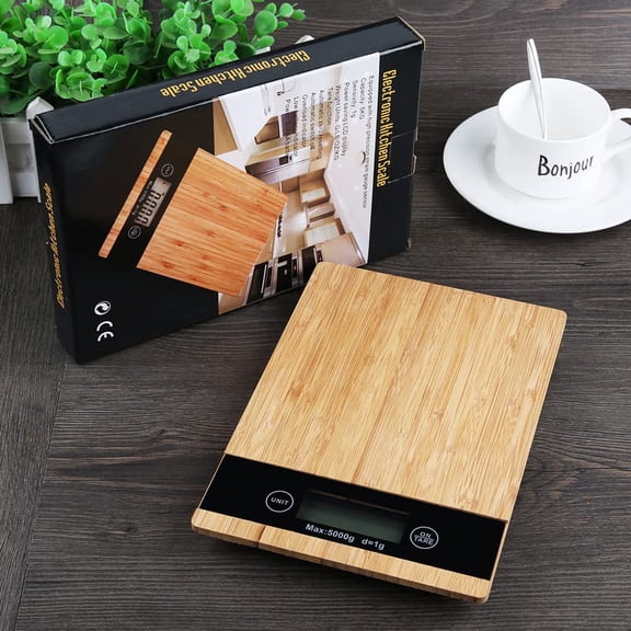 GVDCC-Digital Kitchen Scale with Bamboo Surface 11lb/5kg Capacity, Touch Buttons, Tare Function, LCD Display, Auto-Off