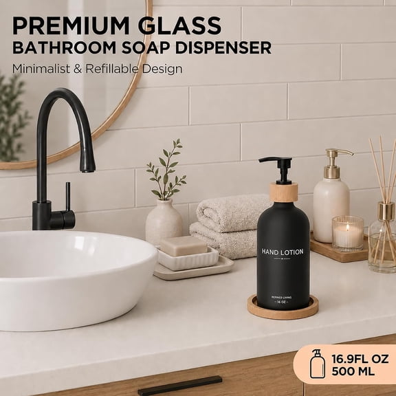 GVDCC-Dish Soap Dispenser, 16 OZ Glass Kitchen Soap Dispenser with Bamboo Pump and Tray, Refillable Hand Soap Dispenser for Kitchen Countertop, Modern Farmhouse Decor