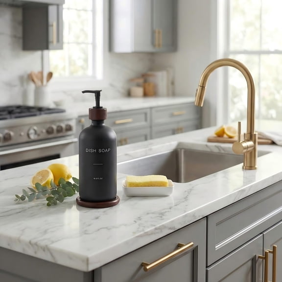 GVDCC-Dish Soap Dispenser, Refillable Soap Dispenser Kitchen with Tray, Glass Soap Dispenser with Pump, Suitable for Soap Dispenser for Kitchen Sink, Modern Home Decor. (Black)
