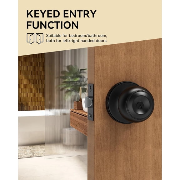 GVDCC-Door Knob with Lock and Key, Door Knobs Keyed Entry Door Knobs, Interior and Exterior Door Lock for Front Doors, Bedroom & Bathroom Round Door Knob Matte Black Finish, 1 Pack
