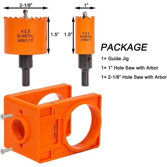 GVDCC-Door Lock Installation Kit for Knob, Lever & Deadbolt | For Wood and Metal Doors, Drilling Kit with 1" & 2-1/8" Hole Saws, Adjustable Jig, Fast Chip Removal, DIY Friendly, Orange