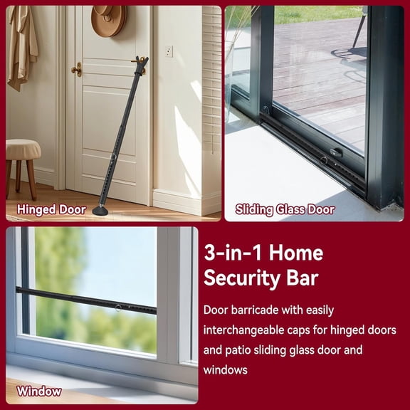 GVDCC-Door Stoppers Security Bar, 3-in-1 Apartment Patio Sliding Door Security Bar from Inside, Adjustable Front Door & Window Barricade Security Stick for Home Safety, Door Jammer Lock Protector, Bl