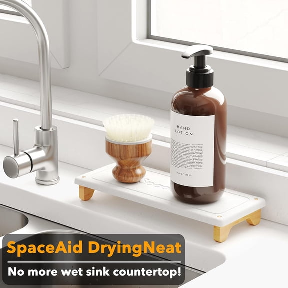 GVDCC-DryingNeat Sink Organizer, Instant Dry Sink Caddy Organizers, Kitchen Sponge Soap Holder Dispenser, Countertop Fast Drying Rack (Bamboo Feet, White)