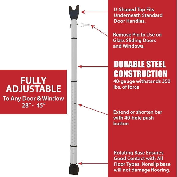 GVDCC-Dual Security Bar, 1-Set Adjustable-Length Portable Strong Door Bar for Hinged and Sliding Patio Doors & Windows, Home Travel Security, Extends 28 in. to 45 in., White