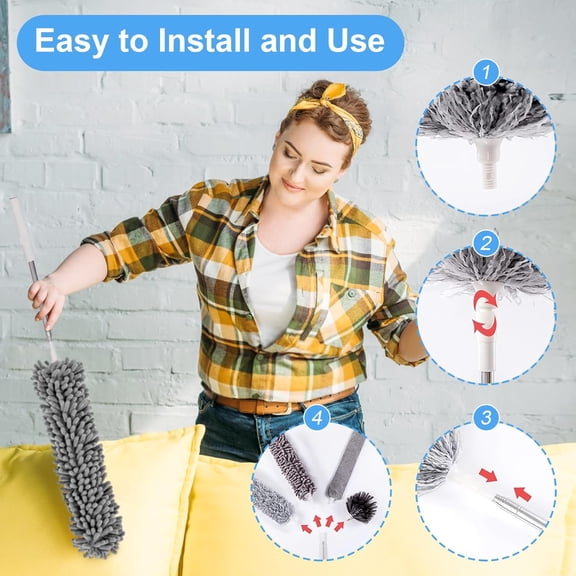 GVDCC-Duster for Cleaning 5-in-1 Kit, 100 Inches Duster with Extension Pole, Extendable Duster, Microfiber Feather Duster, Cobweb Dusters for High Ceilings, Furniture, Blinds, Wall- Grey