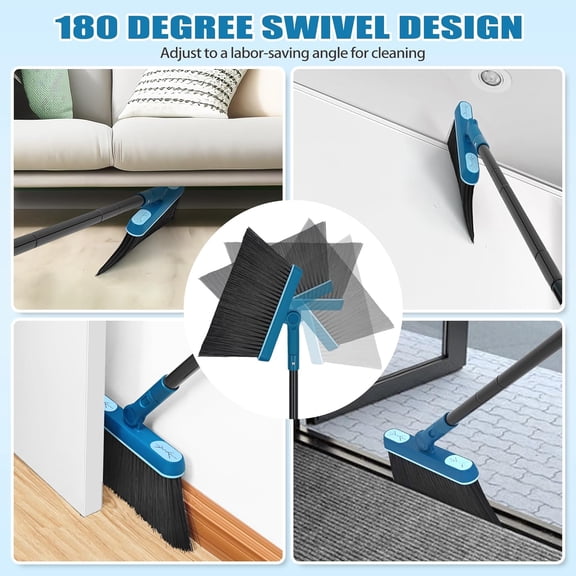 GVDCC-Dustpan and Brush Set, 54 inches Long Handle Swivel Broom, Upright Foldable Dust Pan with Comb Teeth for Home Kitchen Lobby Indoor Floor Cleaning(Blue)