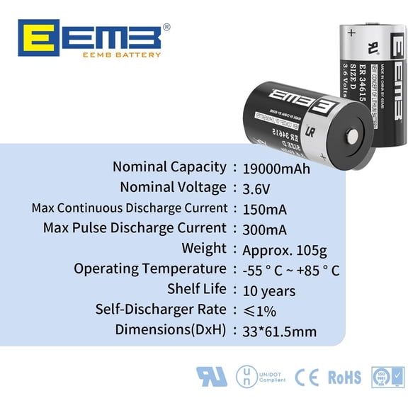 GVDCC-ER34615 D Cell Batteries 3.6V Lithium Battery 19Ah Li-SOCL Non-Rechargeable Battery LS-33600 SB-D02 XL-205F for CNC Machine Tool, Injection Molding Machine,Printing Machine,Meter,Clock