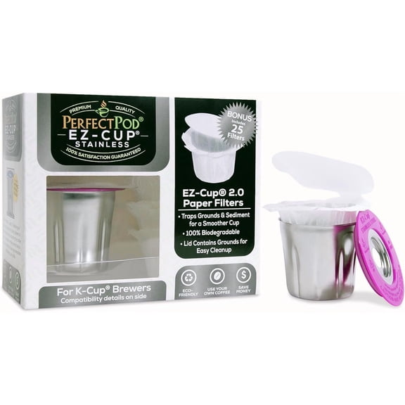 GVDCC -EZ-Cup Stainless Steel 1-Stream Reusable K Cup Coffee Pod for Keurig + 25 Disposable Paper Filters - Refillable Capsule Compatible with Keurig and Other Select Coffee Makers