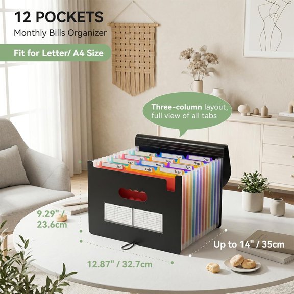 GVDCC-Expanding File Folder 12 Pockets Accordion File Organizer/Portable Expandable Plastic Filing Box, Accordion Bill/Paper/Document/Receipt Organizer Folders with Colored Tabs(A4/Letter Size)
