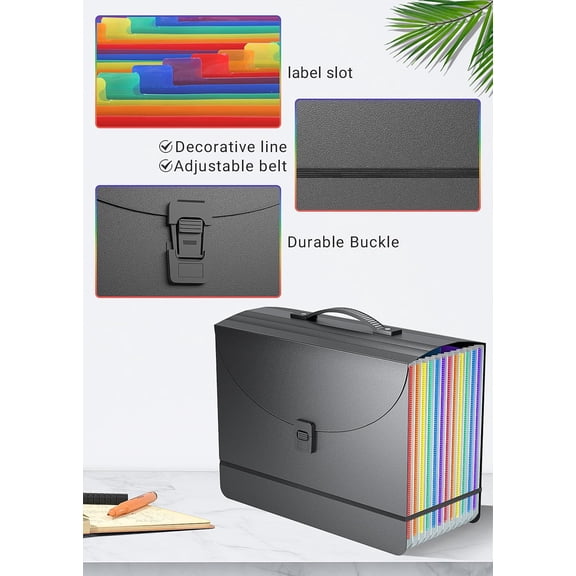 GVDCC-Expanding File Folder/Accordion File Organizer/Portable File Box with 13 Pockets,Fun Storage Filing Folders with Handle,Perfect for Both Standing and Carrying,A4/Letter Size,Colored Tabs,Black