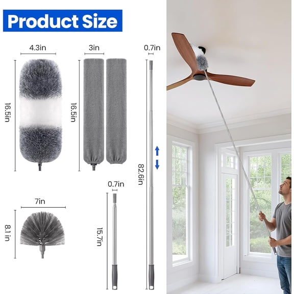 GVDCC-Extra-Long Dusters Kits with Extension Pole, Cobweb Duster, Microfiber Dusting Clothes for Gap, 5 in 1 Cleaning Tools with Extendable Long Handle, Blinds, High Ceilings and Fans, Cars and Furni