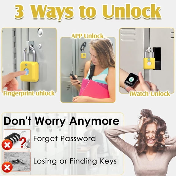 GVDCC-Fingerprint Padlock, Smart Padlock, Locker Lock, Fingerprint Lock with APP Unlock, USB Rechargeable, Suitable for Gym Locker, Locker(Lemon Yellow)