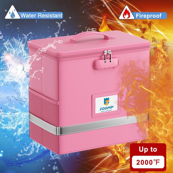 GVDCC-Fireproof File Box with Lock, Document Box Storage Organizer, Suitable for Hanging File Folders in Letter Size, Collapsible File Box, Reflective Strip for Fast Find (12.2"*6"*10.2, Pink)