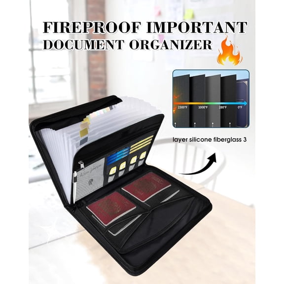 GVDCC-Fireproof Important Document Organizer Folio - Accordion File Organizer, 13 Pocket Expanding File Folder with Labels,Safe Holder and Organizer for Birth Certificate,Paper,Receipt,Bill,etc.