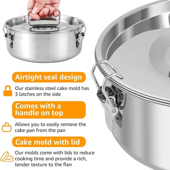 GVDCC-Flan Pan Mold with Lid and Spatula 1.5QT Stainless Steel Molde Para Flan Molds Pans Containers for 6QT to 8QT Pot Baking with Water Bath 7.5 x 3 Inch(1 Pack)