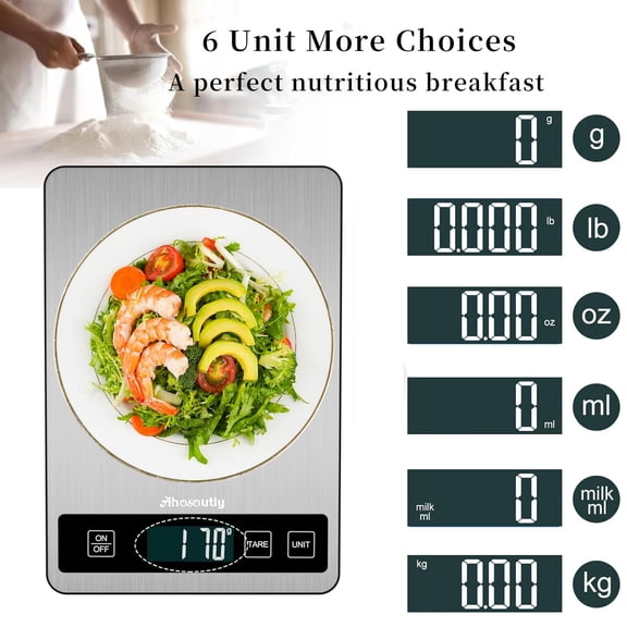 GVDCC-Food Scale, 22lb/10kg Digital Kitchen Scale Weight Grams and Ounces with 0.1oz/1g Precision, 6 Units and Tare Key Design, LCD Display & Stainless Steel Panel for Baking, Cooking, Postage