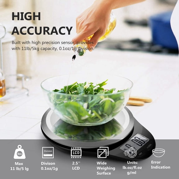 GVDCC-Food Scale, Digital Kitchen Scale Weight Grams and Ounces for Weight Loss, Accurate Cooking Baking Scale LCD Display Max 11lb 1g Increment with Wide Stainless Steel Platfrom, Black